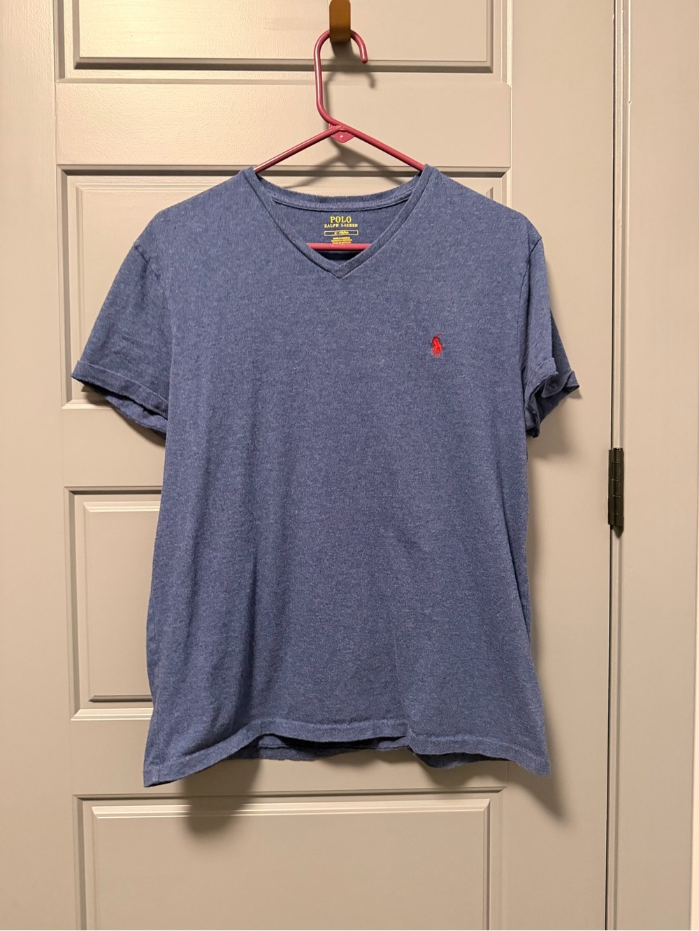 Polo Ralph Lauren Heathered Blue V-Neck Tee with Red Pony MEDIUM